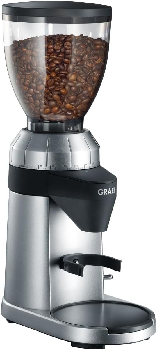 GRAEF CM800 - Elektrische Kaffeemühle. Aluminiumgehäuse. Bohnenbehälter 350 g. Edelstahl-Kegelmahlwerk. 40 Mahlgrade. Kaffeemühle Siebträger. Antistatik-Einsatz. Aluminium-Schaufelrad. 128 W. Silber