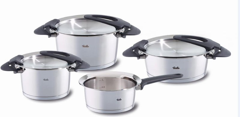 Fissler Intensa/Edelstahl-Topfset. 4-teilig. Töpfe mit Metall-Deckel (2 Kochtöpfe. 1 Bratentopf. 1 Stielkasserolle-deckellos) - Induktion