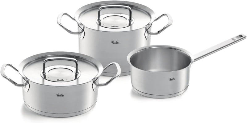 Fissler Original-Profi Collection/Edelstahl-Topfset. 3-teilig. Töpfe mit Metall-Deckel (1 Kochtopf. 1 Bratentopf. 1 Stielkasserolle) - Induktion