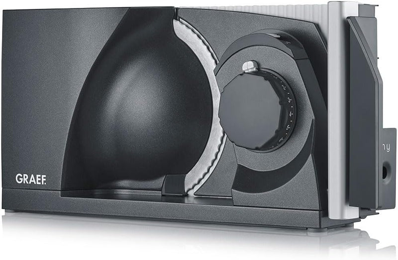 GRAEF MYtiny MT1006 Folding All-Slicer. Made in Germany. Full Metal. Serrated Blade Diameter 170 mm. Cutting Thickness 0-15 mm. Energy-Saving Motor 170 W. Bread Slicer. Compact. Iron Mica Grey