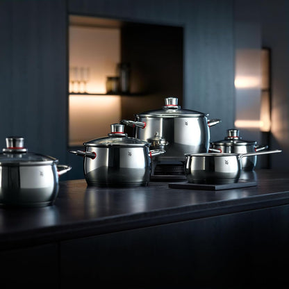 WMF Quality One Topfset Induktion 6-teilig. Kochtopf Set mit Glasdeckel. Cromargan Edelstahl poliert. Induktions Töpfe Set unbeschichtet. Dampföffnung