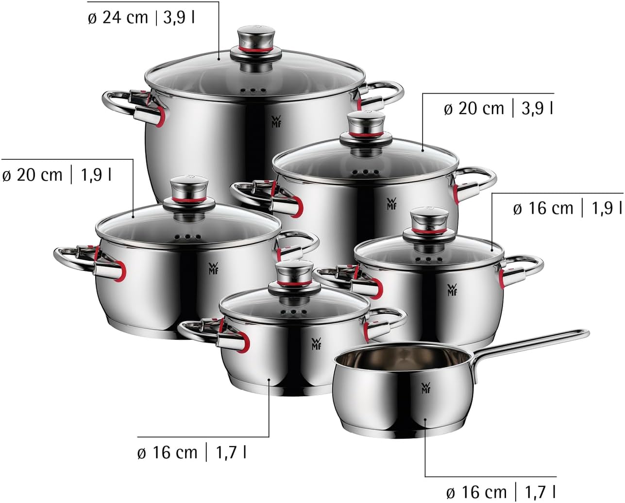 WMF Quality One Topfset Induktion 6-teilig. Kochtopf Set mit Glasdeckel. Cromargan Edelstahl poliert. Induktions Töpfe Set unbeschichtet. Dampföffnung