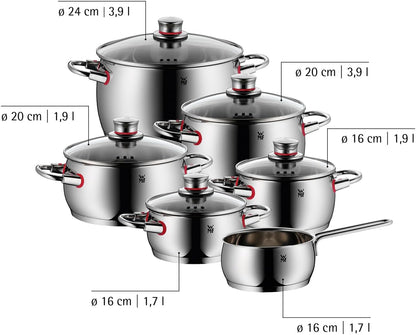 WMF Quality One Topfset Induktion 6-teilig. Kochtopf Set mit Glasdeckel. Cromargan Edelstahl poliert. Induktions Töpfe Set unbeschichtet. Dampföffnung