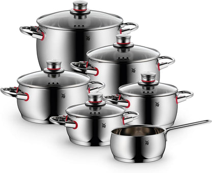 WMF Quality One Topfset Induktion 6-teilig. Kochtopf Set mit Glasdeckel. Cromargan Edelstahl poliert. Induktions Töpfe Set unbeschichtet. Dampföffnung