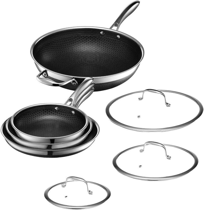 HexClad 7-teiliges Hybrid-Edelstahl-Kochgeschirr-Set mit Deckel und Wok. Metallbesteck- und spülmaschinenfest. induktionsgeeignet. leicht zu reinigen. antihaft-beschichtete Bratpfannen mit Abdeckungen