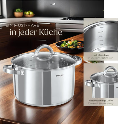 tectake® 15-tlg. Topfset. Edelstahl Kochgeschirr. Bratpfanne und Töpfe Set mit Deckel. Kochtopf Set für Induktionskochfeld. Gas- und Elektroherd geeignet. Topfsets für Camping und Wohnung. Küchensets