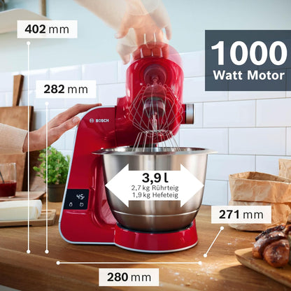 Bosch MUM5X734 Food Processor Series 4. Integrated Scale. Stainless Steel Bowl 3.9 L. Mixer 1.25 L. Plastic Bowl. Dishwasher Safe. 3 x Stirring Elements. Continuous Shredder. 1000 W. Dark Red