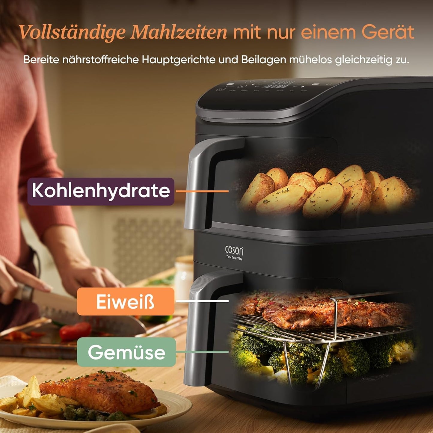 COSORI Turbo Tower Pro Airfryer. Ceramic Coating. Hot Air Fryer. 2 Chambers. 10.8 L Hot Air Fryer with DualBlaze. No Teflon Coating. Automatic Airflow Regulation