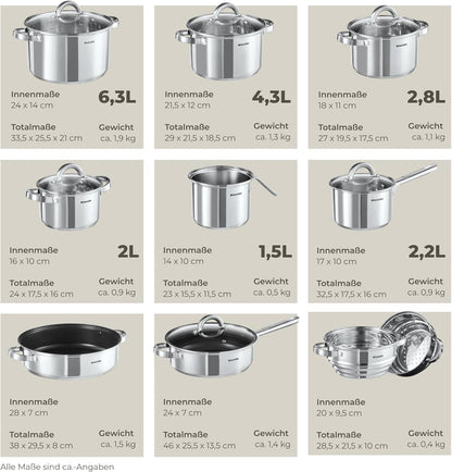 tectake® 15-tlg. Topfset. Edelstahl Kochgeschirr. Bratpfanne und Töpfe Set mit Deckel. Kochtopf Set für Induktionskochfeld. Gas- und Elektroherd geeignet. Topfsets für Camping und Wohnung. Küchensets