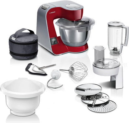 Bosch MUM5X734 Food Processor Series 4. Integrated Scale. Stainless Steel Bowl 3.9 L. Mixer 1.25 L. Plastic Bowl. Dishwasher Safe. 3 x Stirring Elements. Continuous Shredder. 1000 W. Dark Red