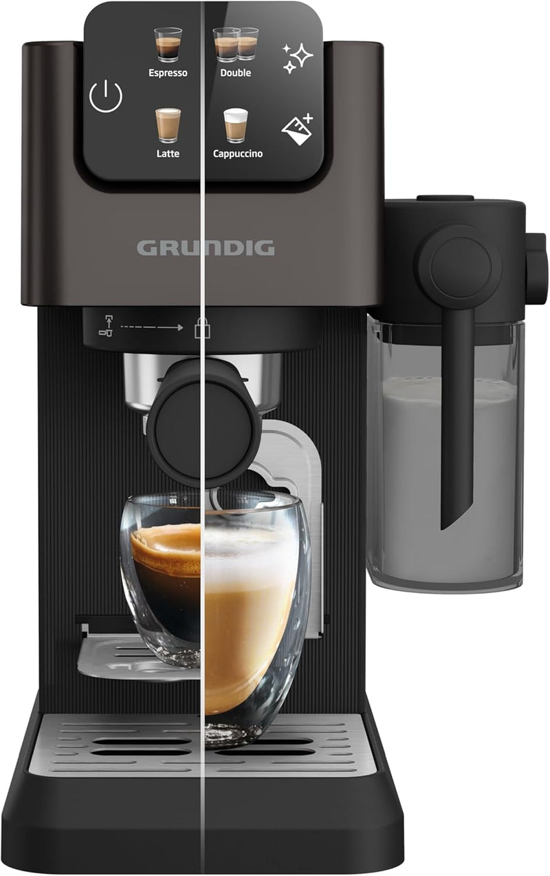 GRUNDIG KSM 5330 Siebträgermaschine mit integriertem Milchbehälter. 1628 W Leistung. 15 bar Pumpendruck. Zweifachdüse. farbiges Touch-Display. BrewSense. CreamyPro. Dark Inox/Schwarz