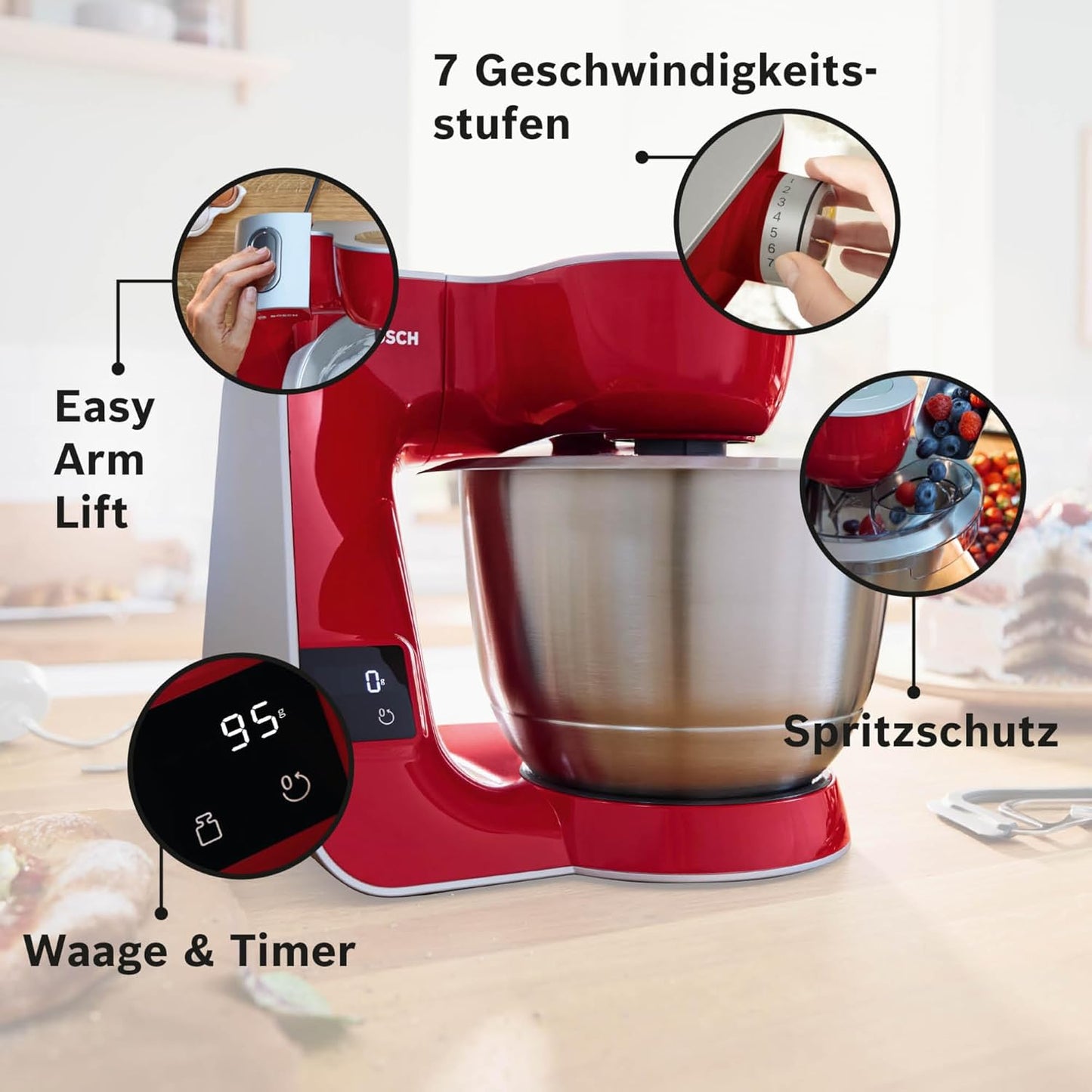 Bosch MUM5X734 Food Processor Series 4. Integrated Scale. Stainless Steel Bowl 3.9 L. Mixer 1.25 L. Plastic Bowl. Dishwasher Safe. 3 x Stirring Elements. Continuous Shredder. 1000 W. Dark Red