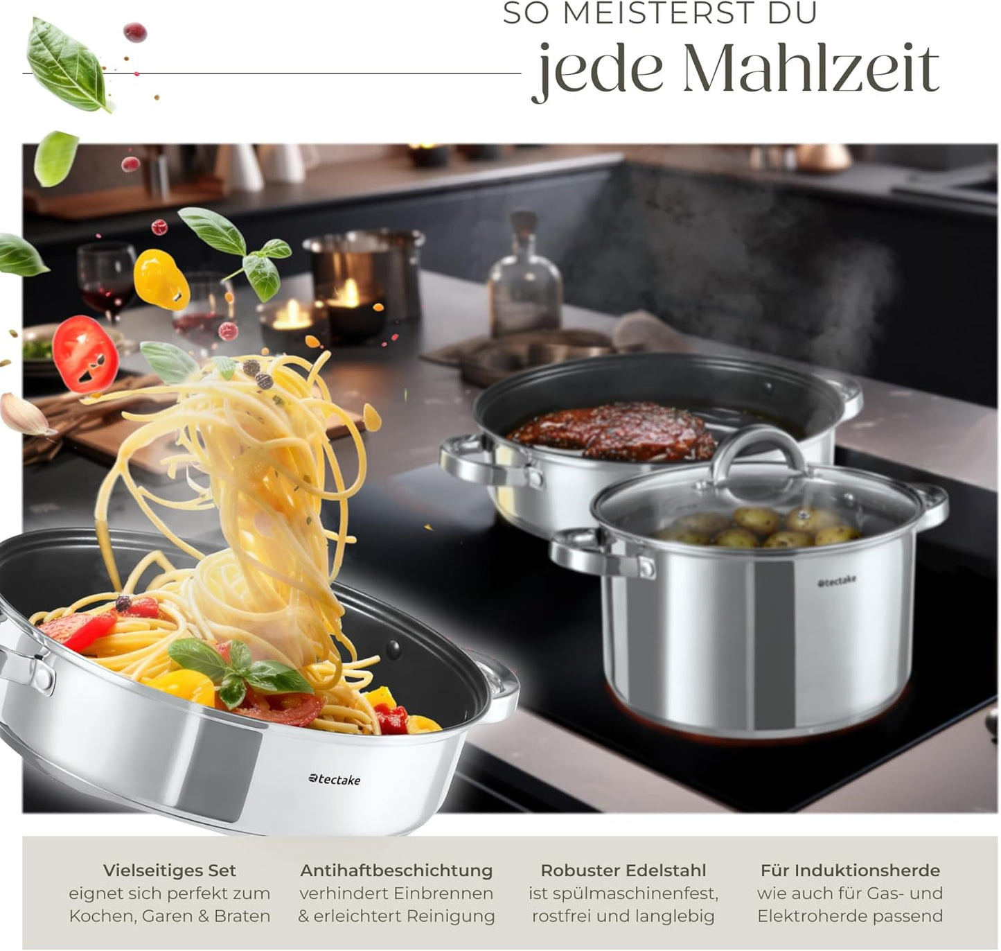 tectake® 15-tlg. Topfset. Edelstahl Kochgeschirr. Bratpfanne und Töpfe Set mit Deckel. Kochtopf Set für Induktionskochfeld. Gas- und Elektroherd geeignet. Topfsets für Camping und Wohnung. Küchensets