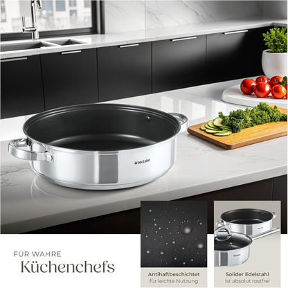 tectake® 15-tlg. Topfset. Edelstahl Kochgeschirr. Bratpfanne und Töpfe Set mit Deckel. Kochtopf Set für Induktionskochfeld. Gas- und Elektroherd geeignet. Topfsets für Camping und Wohnung. Küchensets