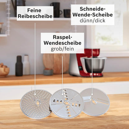 Bosch MUM5X734 Food Processor Series 4. Integrated Scale. Stainless Steel Bowl 3.9 L. Mixer 1.25 L. Plastic Bowl. Dishwasher Safe. 3 x Stirring Elements. Continuous Shredder. 1000 W. Dark Red
