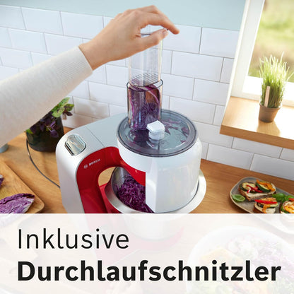 Bosch MUM5X734 Food Processor Series 4. Integrated Scale. Stainless Steel Bowl 3.9 L. Mixer 1.25 L. Plastic Bowl. Dishwasher Safe. 3 x Stirring Elements. Continuous Shredder. 1000 W. Dark Red