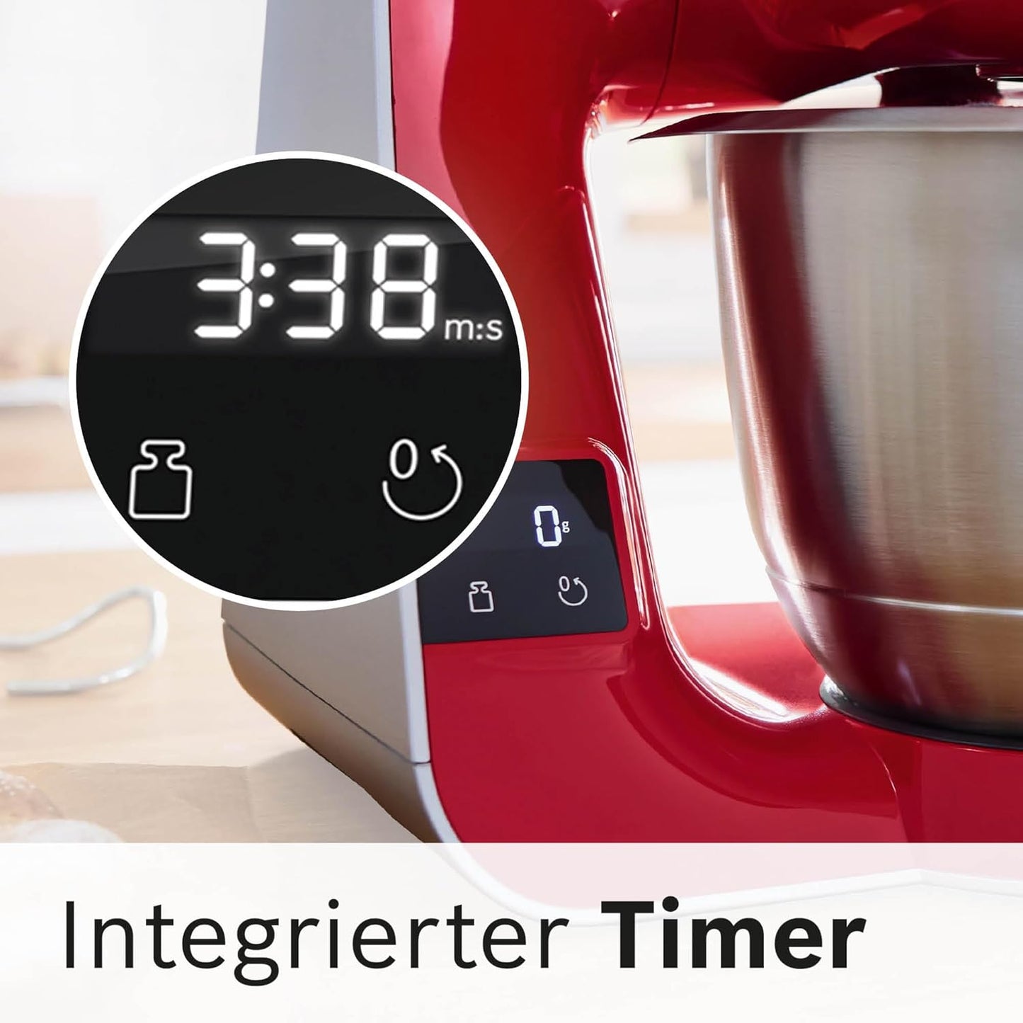 Bosch MUM5X734 Food Processor Series 4. Integrated Scale. Stainless Steel Bowl 3.9 L. Mixer 1.25 L. Plastic Bowl. Dishwasher Safe. 3 x Stirring Elements. Continuous Shredder. 1000 W. Dark Red