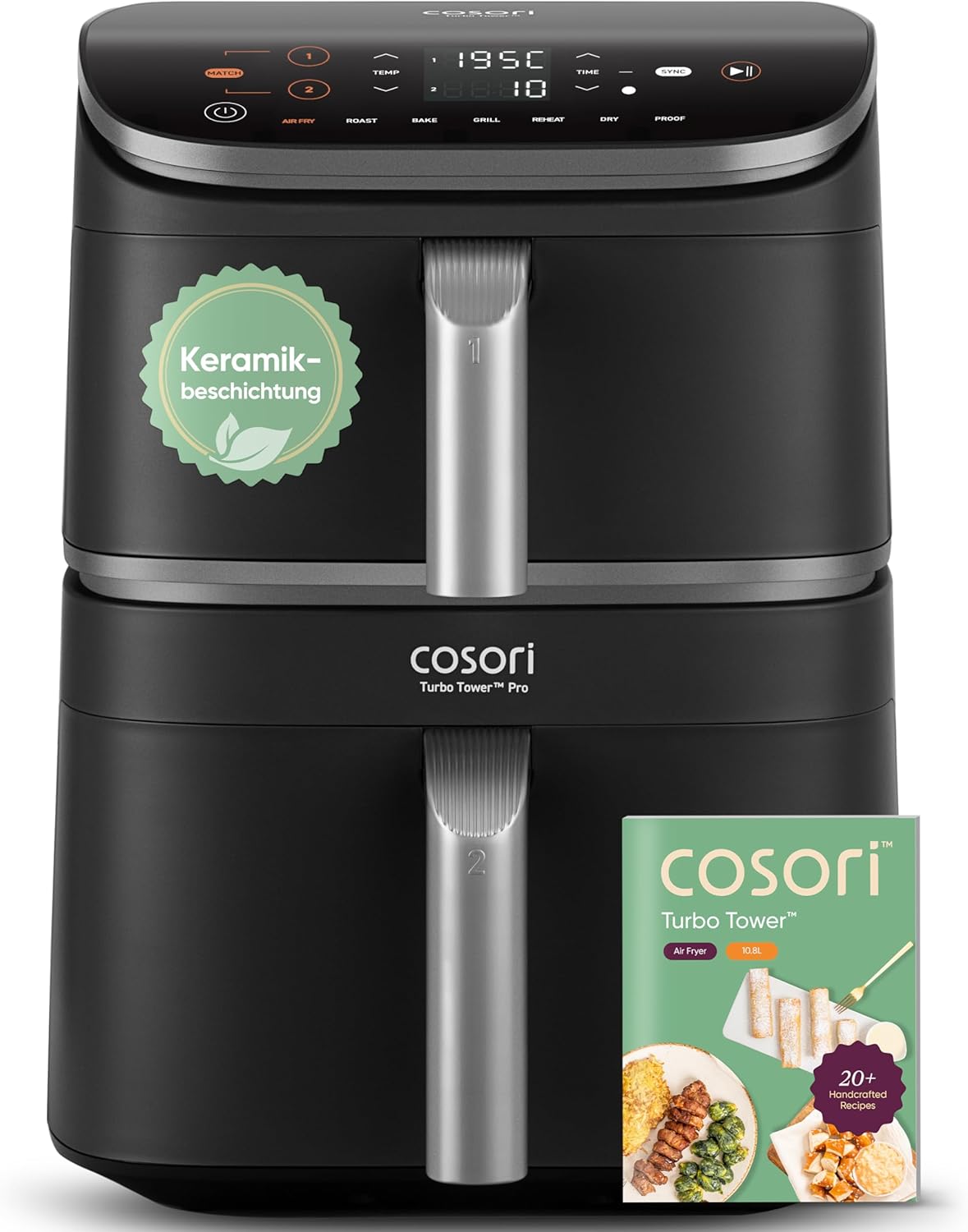 COSORI Turbo Tower Pro Airfryer. Ceramic Coating. Hot Air Fryer. 2 Chambers. 10.8 L Hot Air Fryer with DualBlaze. No Teflon Coating. Automatic Airflow Regulation