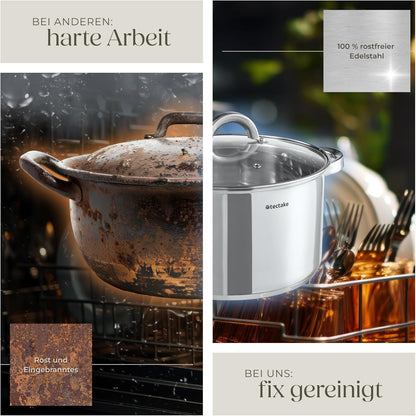 tectake® 15-tlg. Topfset. Edelstahl Kochgeschirr. Bratpfanne und Töpfe Set mit Deckel. Kochtopf Set für Induktionskochfeld. Gas- und Elektroherd geeignet. Topfsets für Camping und Wohnung. Küchensets