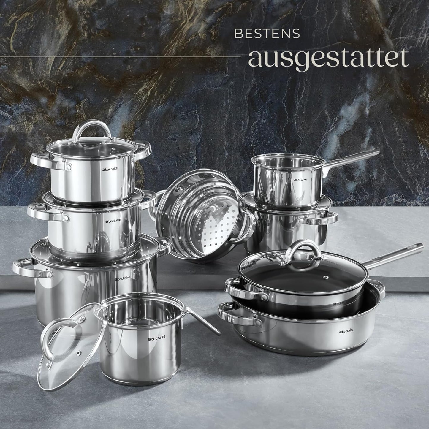tectake® 15-tlg. Topfset. Edelstahl Kochgeschirr. Bratpfanne und Töpfe Set mit Deckel. Kochtopf Set für Induktionskochfeld. Gas- und Elektroherd geeignet. Topfsets für Camping und Wohnung. Küchensets