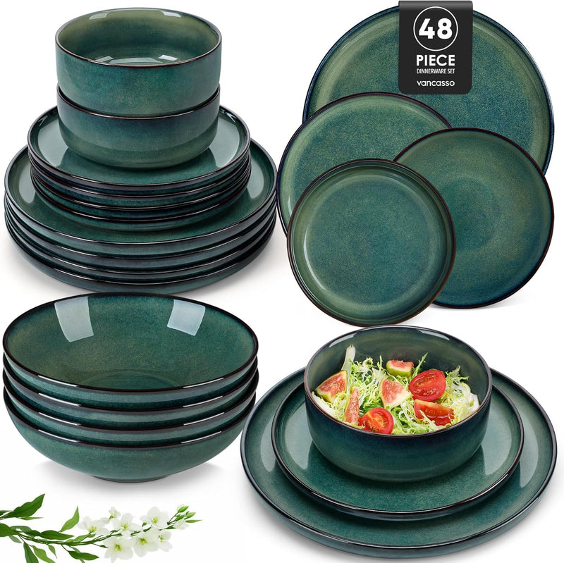Geschirrset 12 Personen modern. vancasso STARRY 48 teiliges Steingut Geschirr Set. Kombiservice Set Grün. Tafelservice 12 Personen. Inklusive Speiseteller. Dessertteller. Suppenteller und Müslischalen
